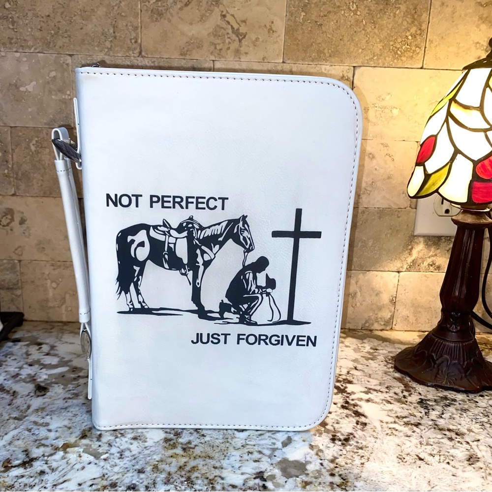 White Bible Cover Cowboy Western Engraved